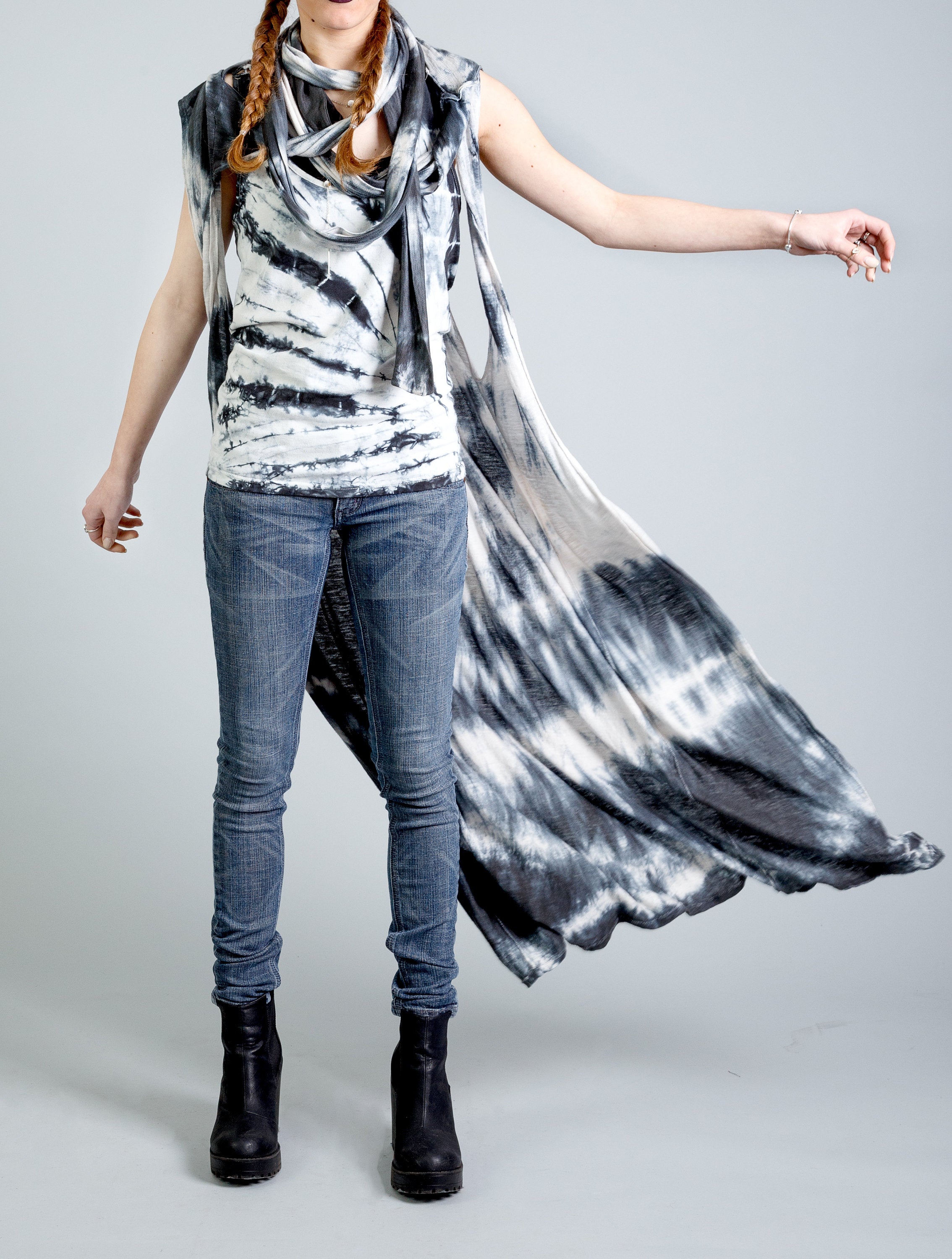 Apocalypse black smoke tie dye hooded maxi vest