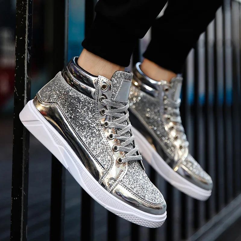 Ashore Shop Men High Top Sneakers Male Ankle Boots Gold Luxury Glitter Shoes Streetwear