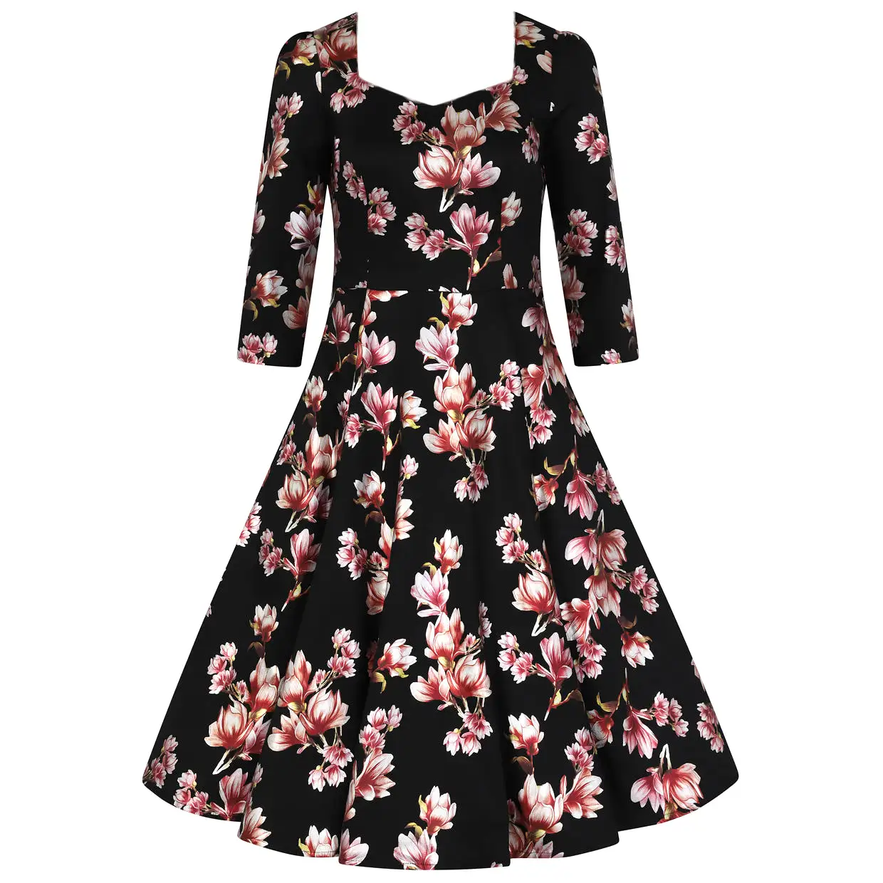 Black & Gold Floral Print 3/4 Sleeve Sweetheart Neck 50s Swing Dress