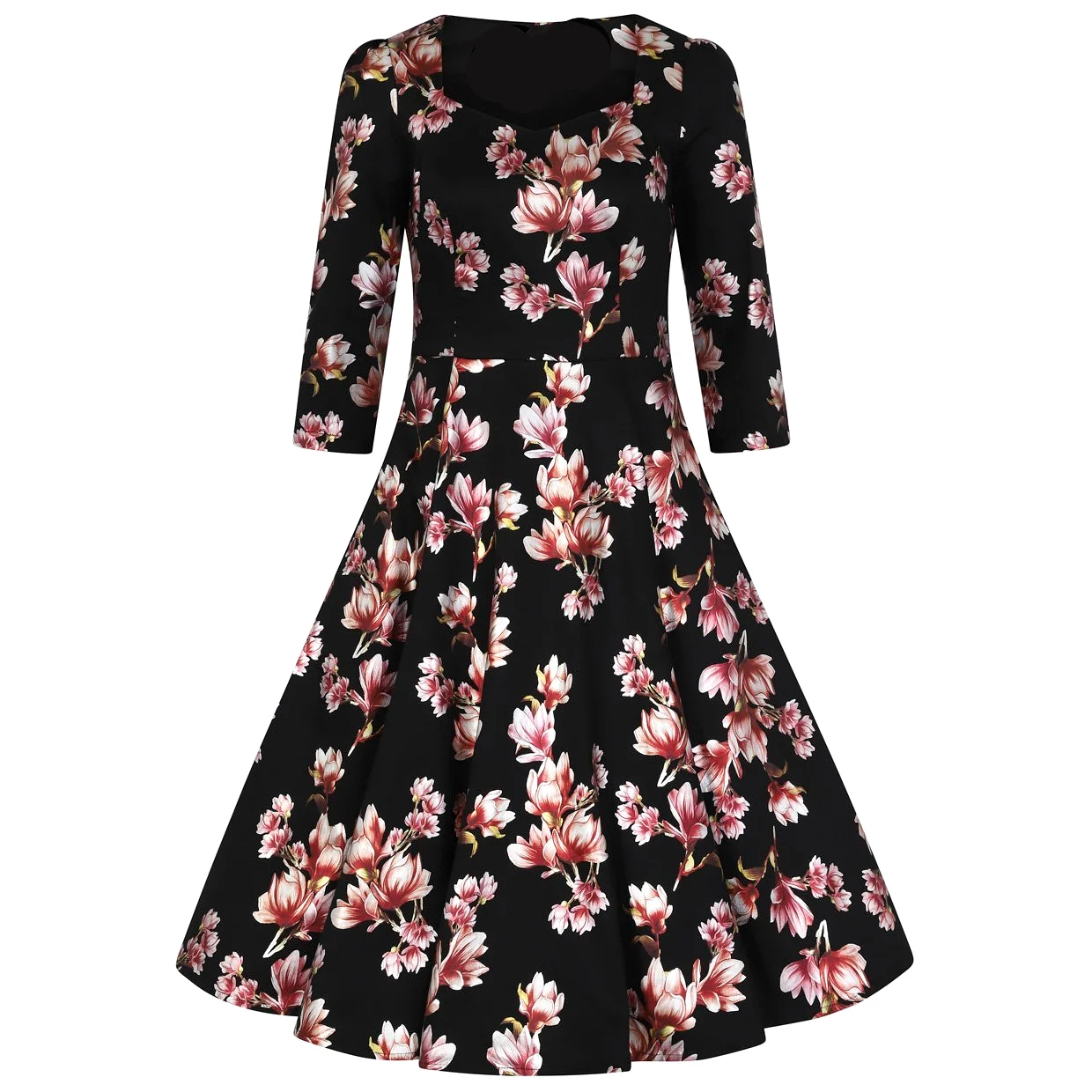 Black & Gold Floral Print 3/4 Sleeve Sweetheart Neck 50s Swing Dress