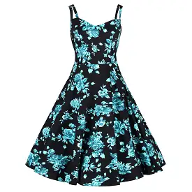 Black and Blue Floral Print Rockabilly 50s Swing Dress