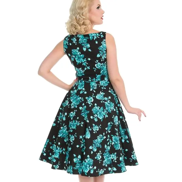 Black and Blue Floral Print Rockabilly 50s Swing Dress