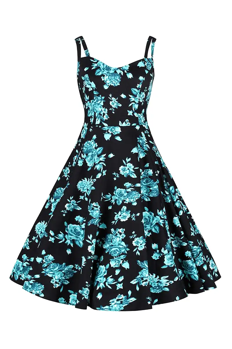 Black and Blue Floral Print Rockabilly 50s Swing Dress