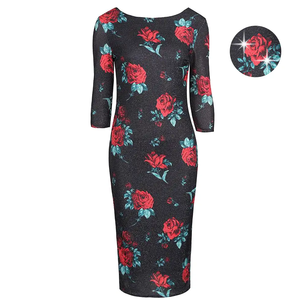 Black and Red Rose Print 1940s Sparkle Bodycon Pencil Wiggle Party Dress