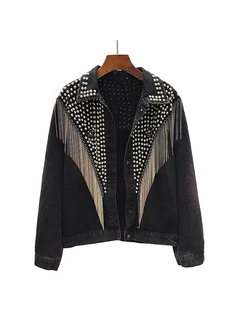 Black Denim Studded and Fringed Jacket