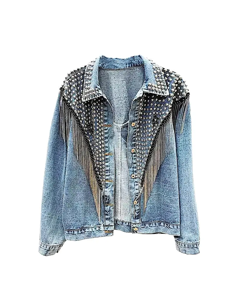 Black Denim Studded and Fringed Jacket