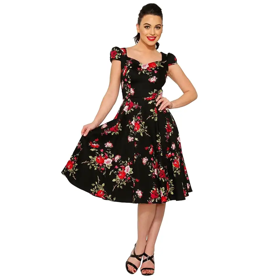 Black Floral Blossom Print Rockabilly 50s Swing Dress