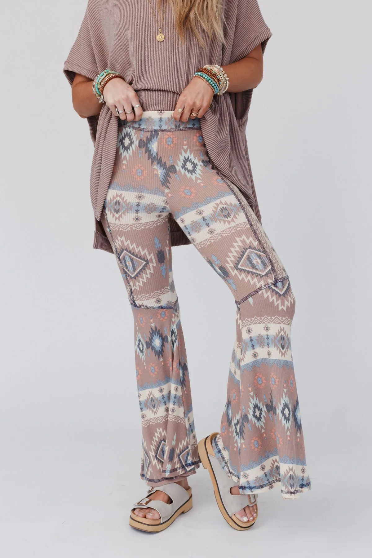 Boho Bliss Ribbed Flare Pants - Taupe