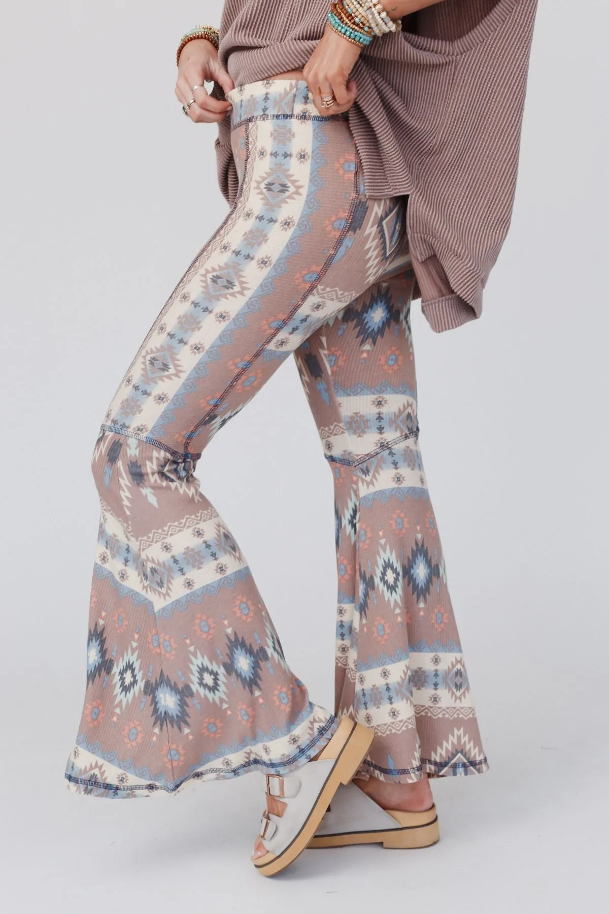 Boho Bliss Ribbed Flare Pants - Taupe