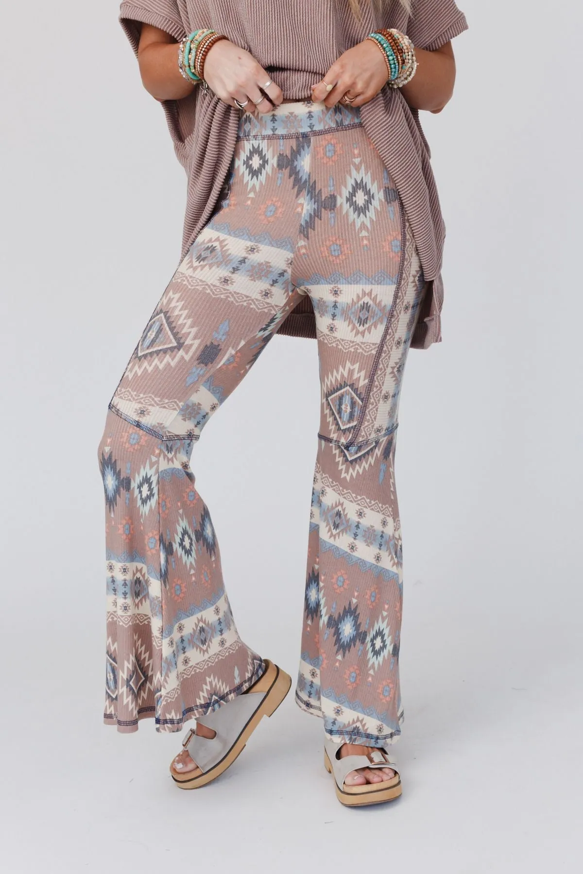 Boho Bliss Ribbed Flare Pants - Taupe