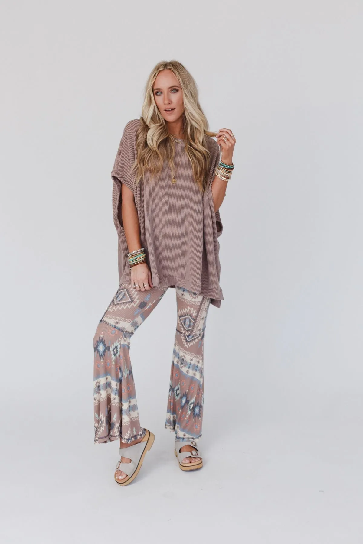 Boho Bliss Ribbed Flare Pants - Taupe