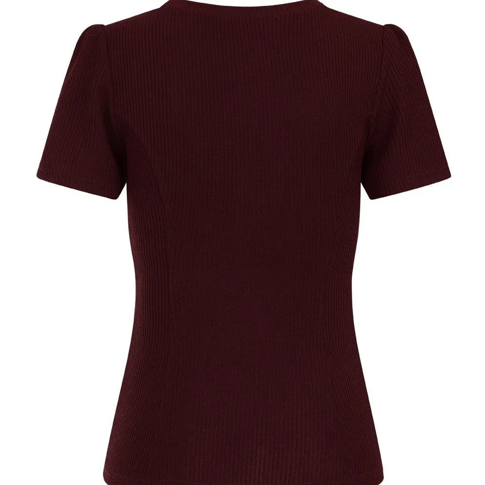 Burgundy Red Vintage Ribbed Knitted Short Sleeve Top