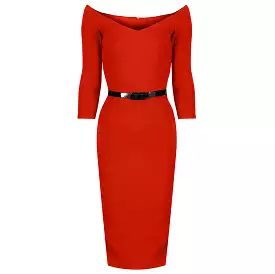 Cinnamon Orange Wide V Neck 3/4 Sleeve Belted Bodycon Pencil Dress