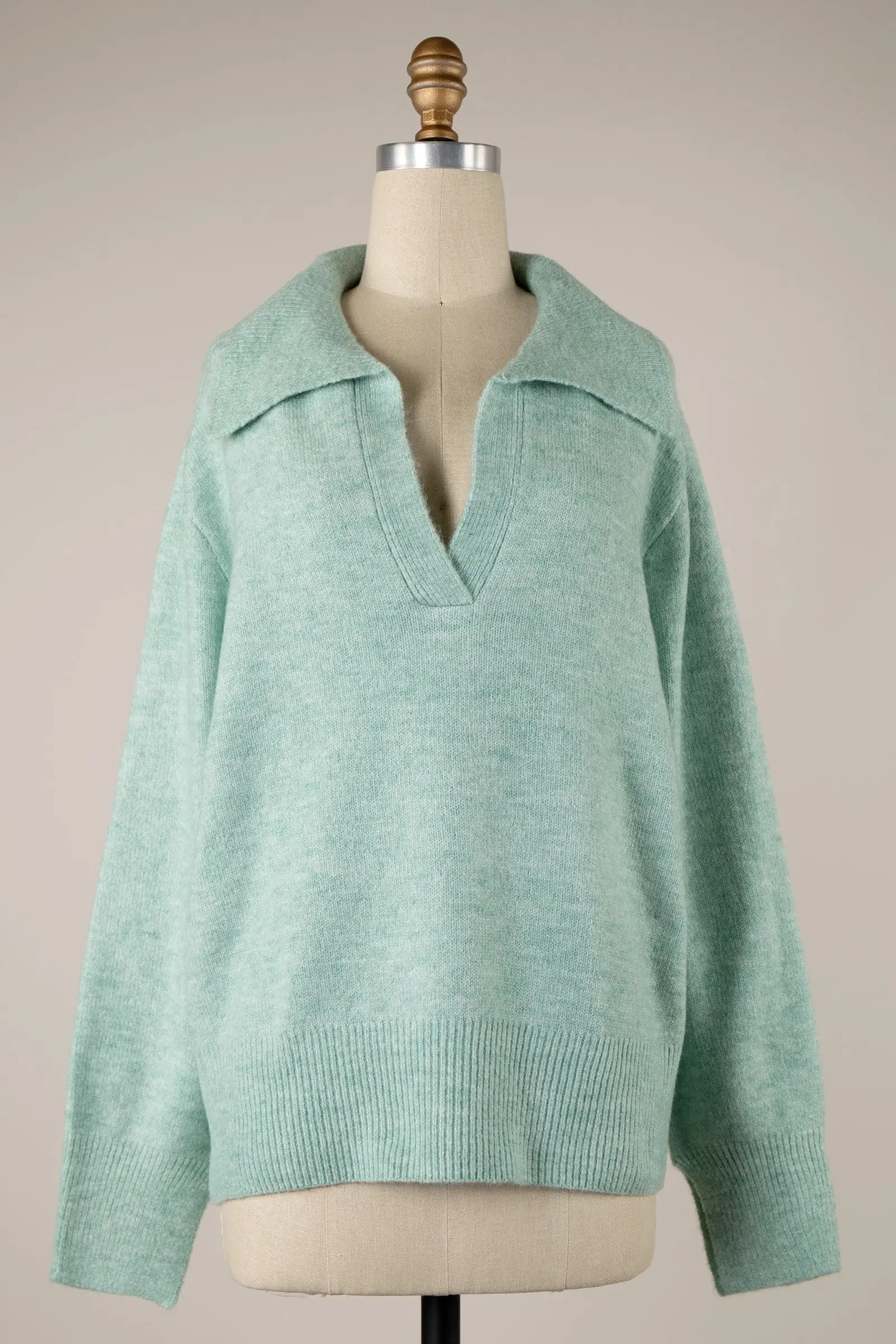 COLLAR V NECK KNIT SWEATER - MINT