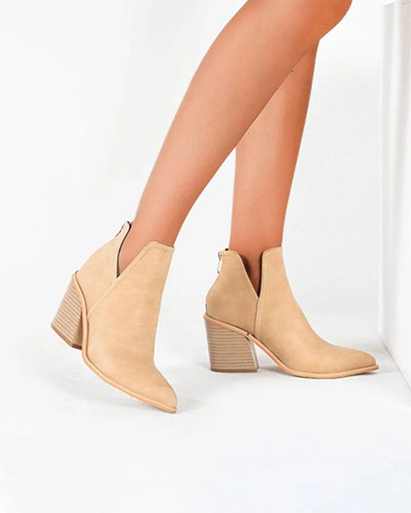 Color-Blocking Pointed Toe Chunky Heel Ankle Boots