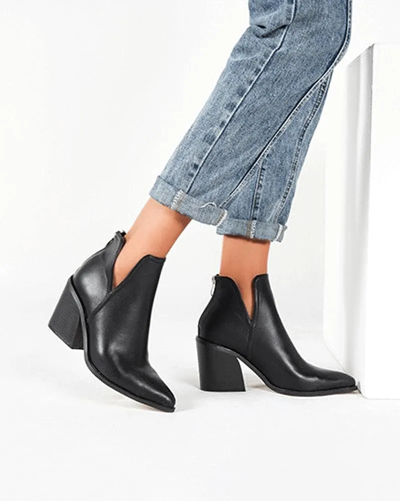 Color-Blocking Pointed Toe Chunky Heel Ankle Boots