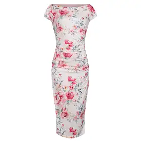 Cream Pink Floral Print 40s Style Cap Sleeve Slinky Pencil Wiggle Dress