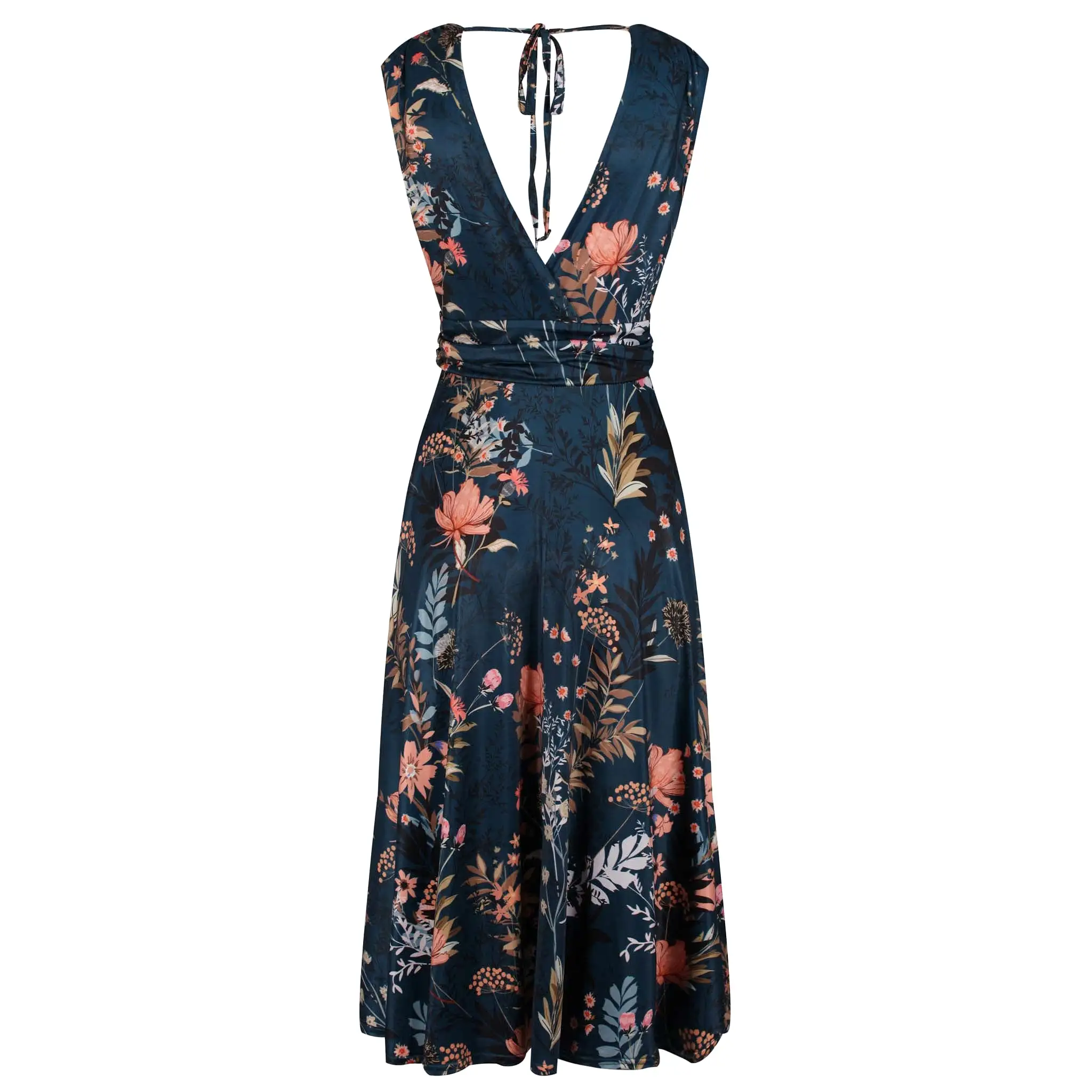 Dark Teal Floral V Neck Crossover Top Empire Waist Swing Dress