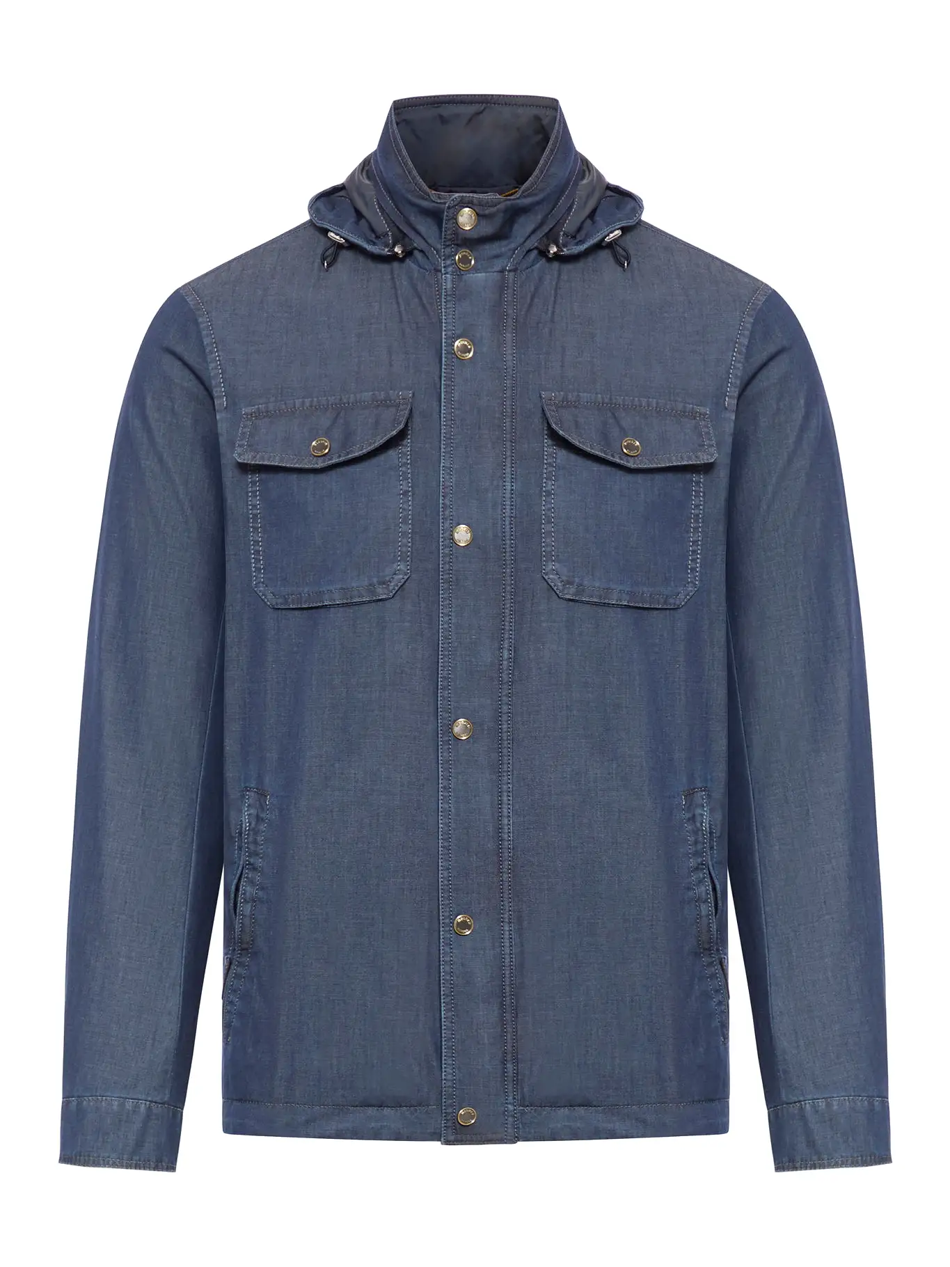 Denim shirt jacket with hood