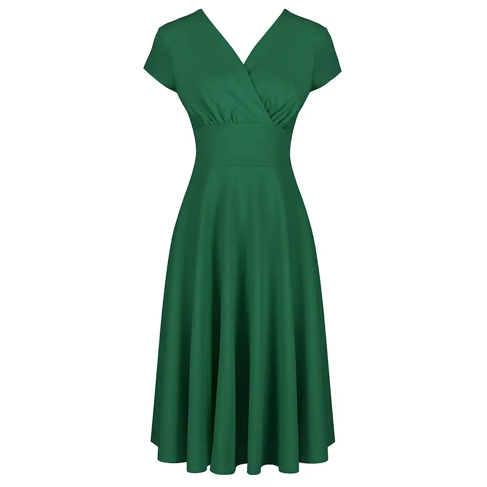 Emerald Green A Line Vintage Crossover Capped Sleeve Tea Swing Dress