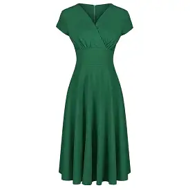 Emerald Green A Line Vintage Crossover Capped Sleeve Tea Swing Dress