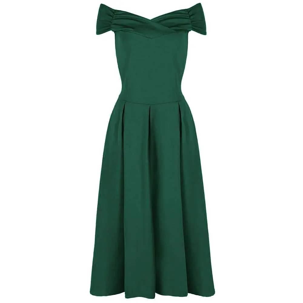 Emerald Green Cap Sleeve Crossover Bardot Neckline 50s Swing Dress