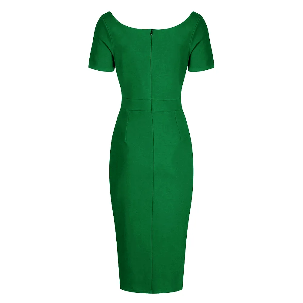 Emerald Green Sweetheart Short Sleeve Bodycon Panelled Ruched Wiggle Dress