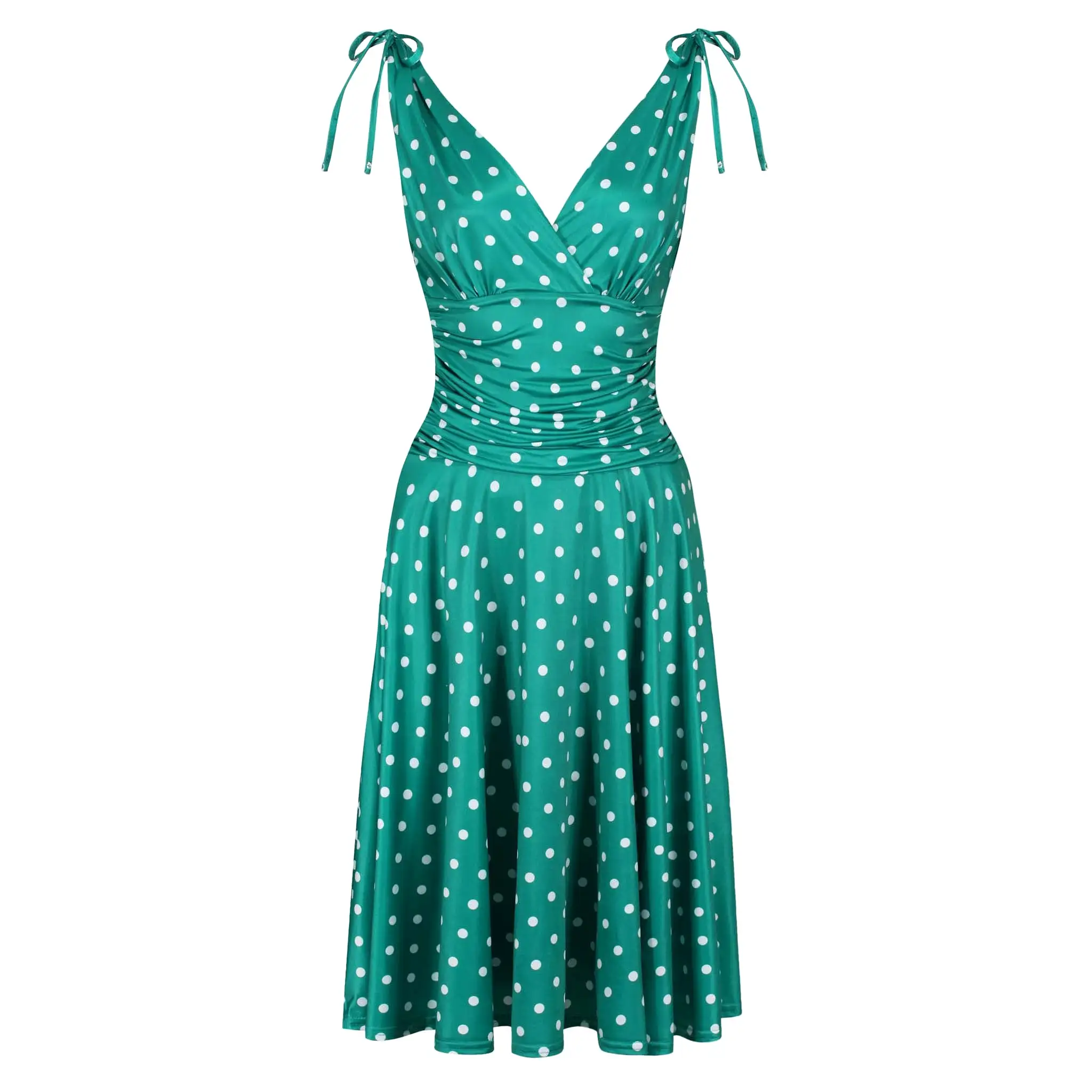 Green And White Polka Dot Print Crossover Top Grecian V Neck 50s Swing Dress