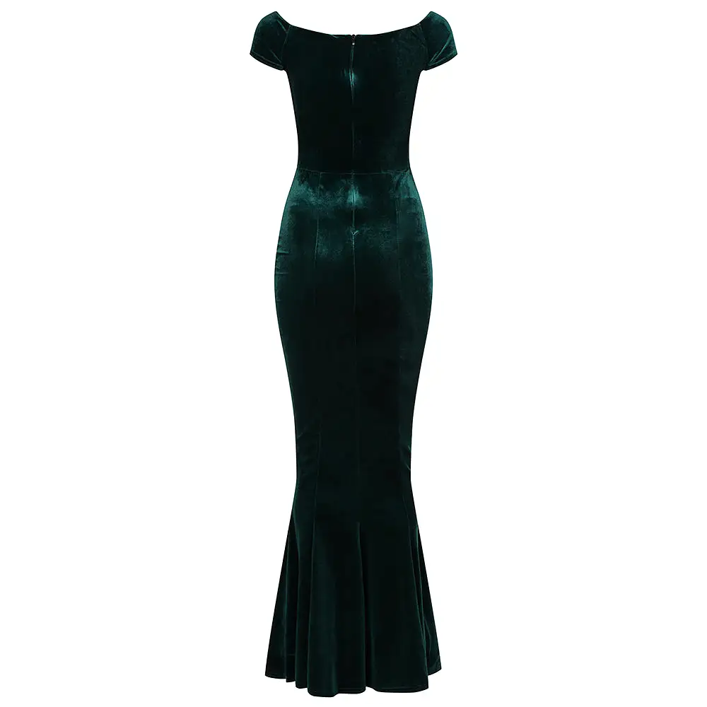 Green Cap Sleeve Crossover Bust Fishtail Hem Velour Maxi Dress