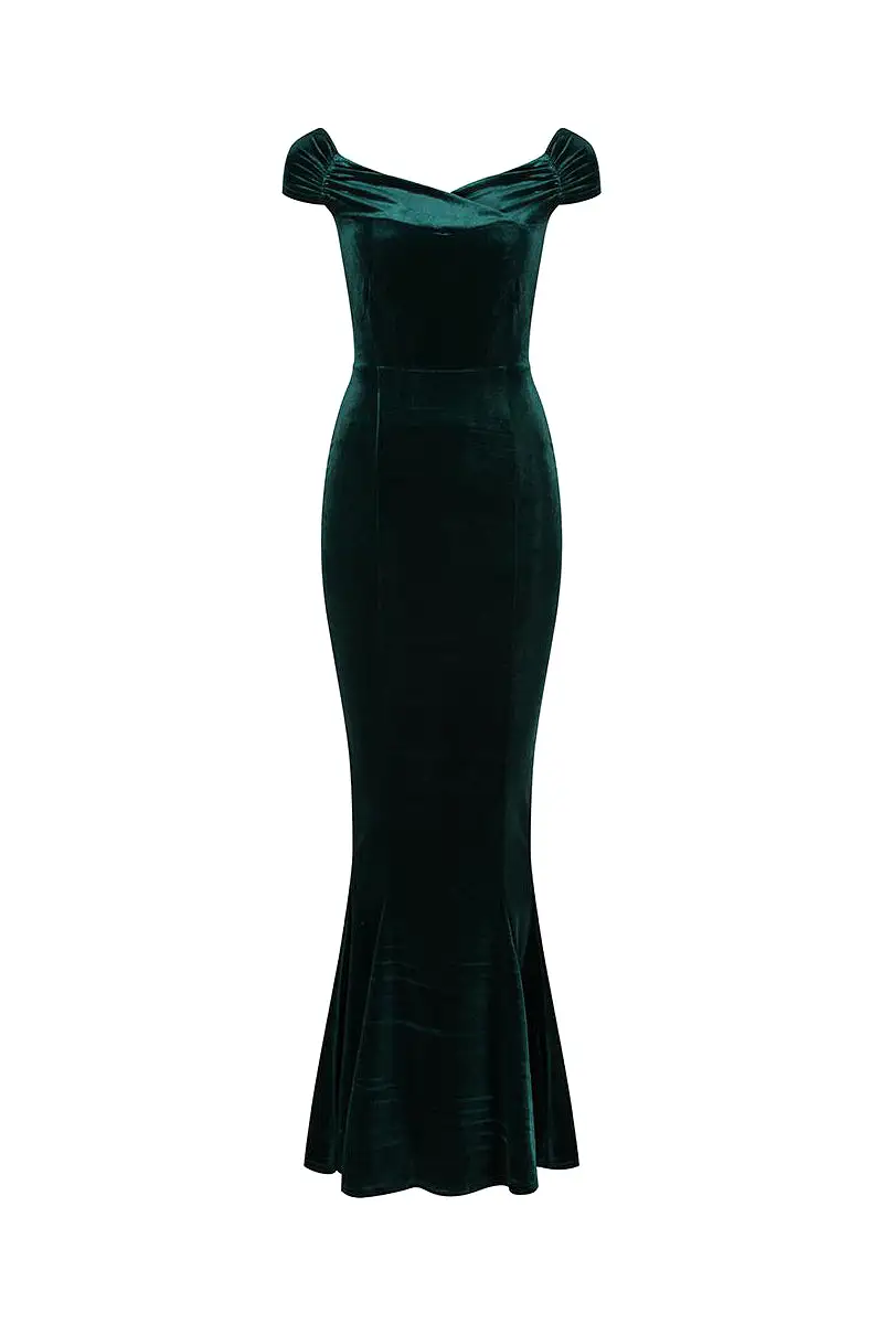 Green Cap Sleeve Crossover Bust Fishtail Hem Velour Maxi Dress