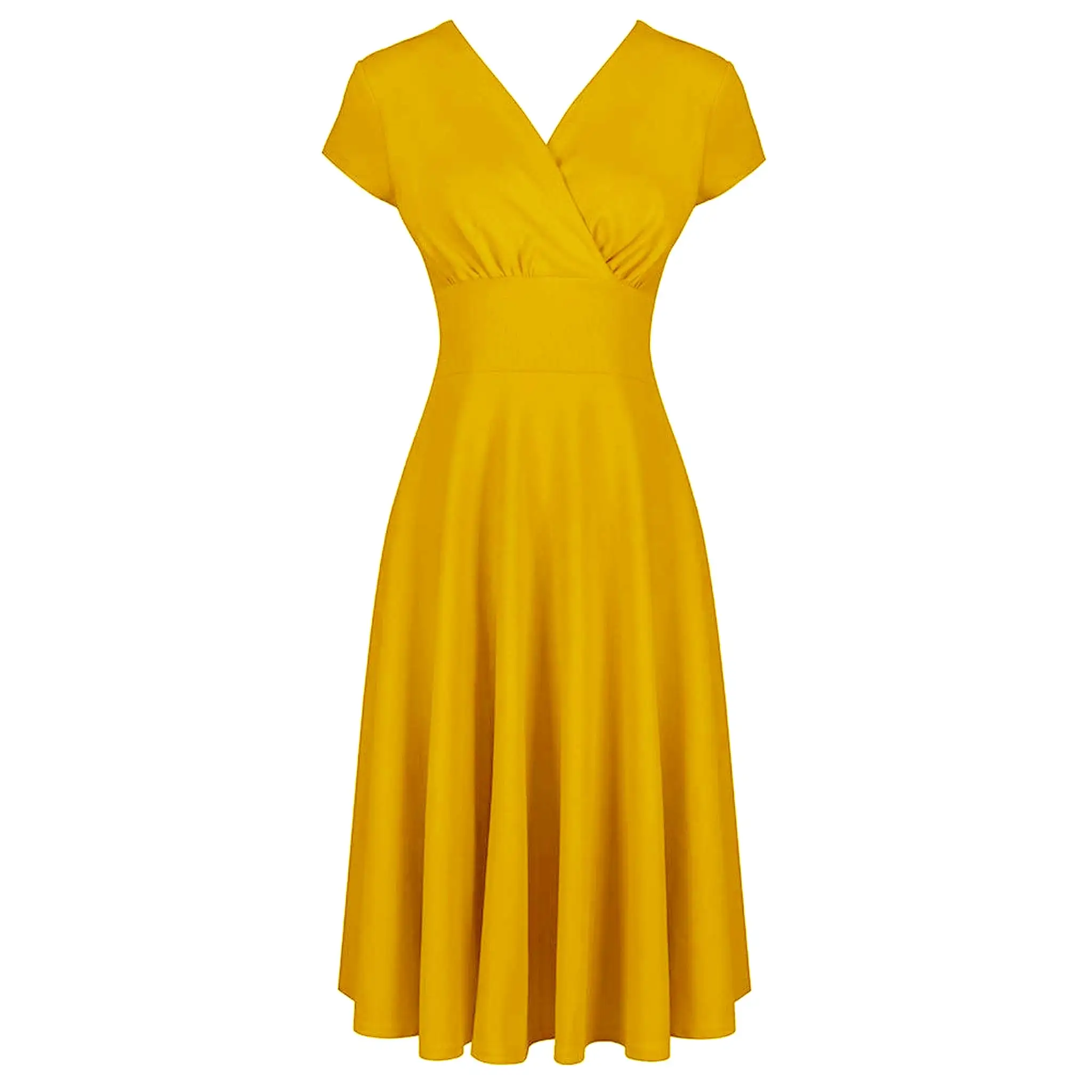 Honey Yellow A Line Vintage Crossover Capped Sleeve Swing Dress