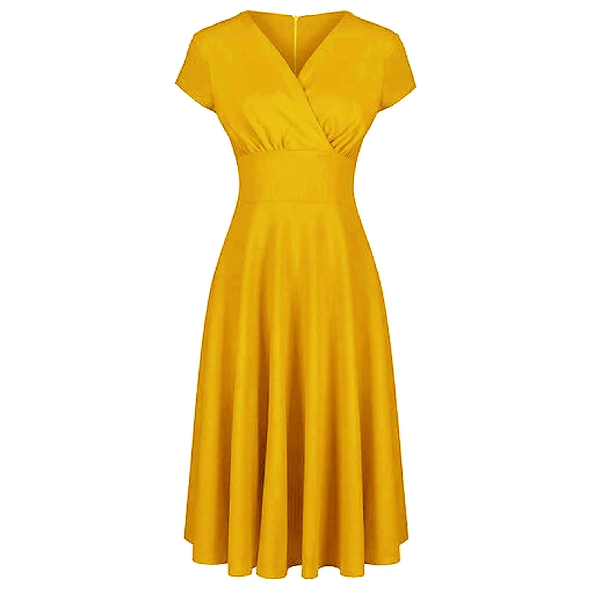 Honey Yellow A Line Vintage Crossover Capped Sleeve Swing Dress