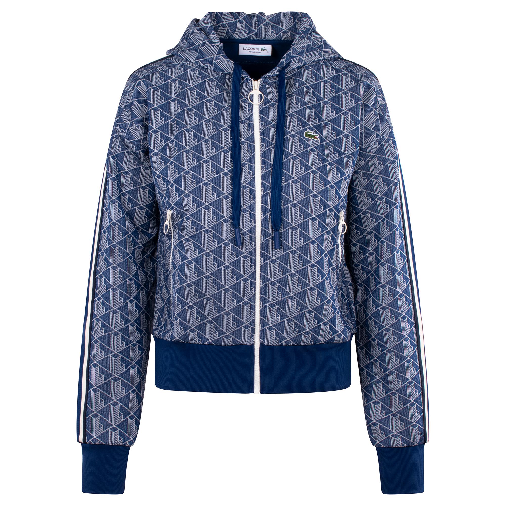 Ladies Lacoste Monogram Jacquard Zip Front Hoodie Navy/White