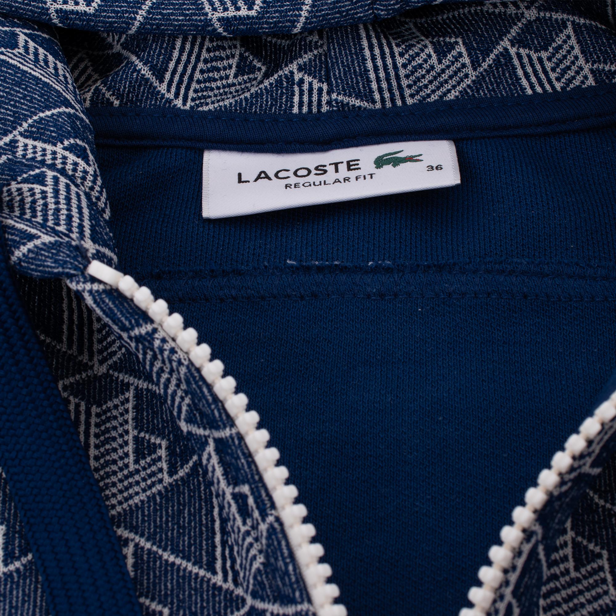 Ladies Lacoste Monogram Jacquard Zip Front Hoodie Navy/White