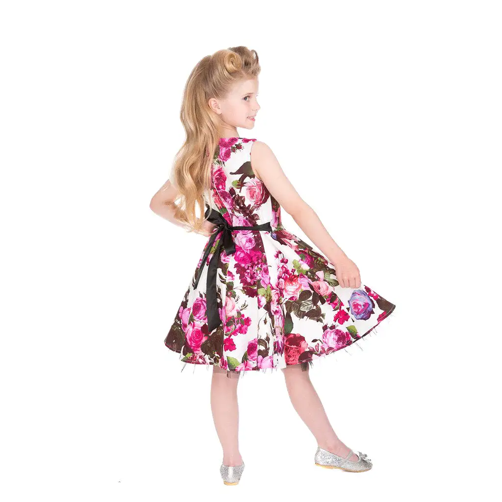 Little Kitty Girl's Cream White and Pink Floral Party Dress