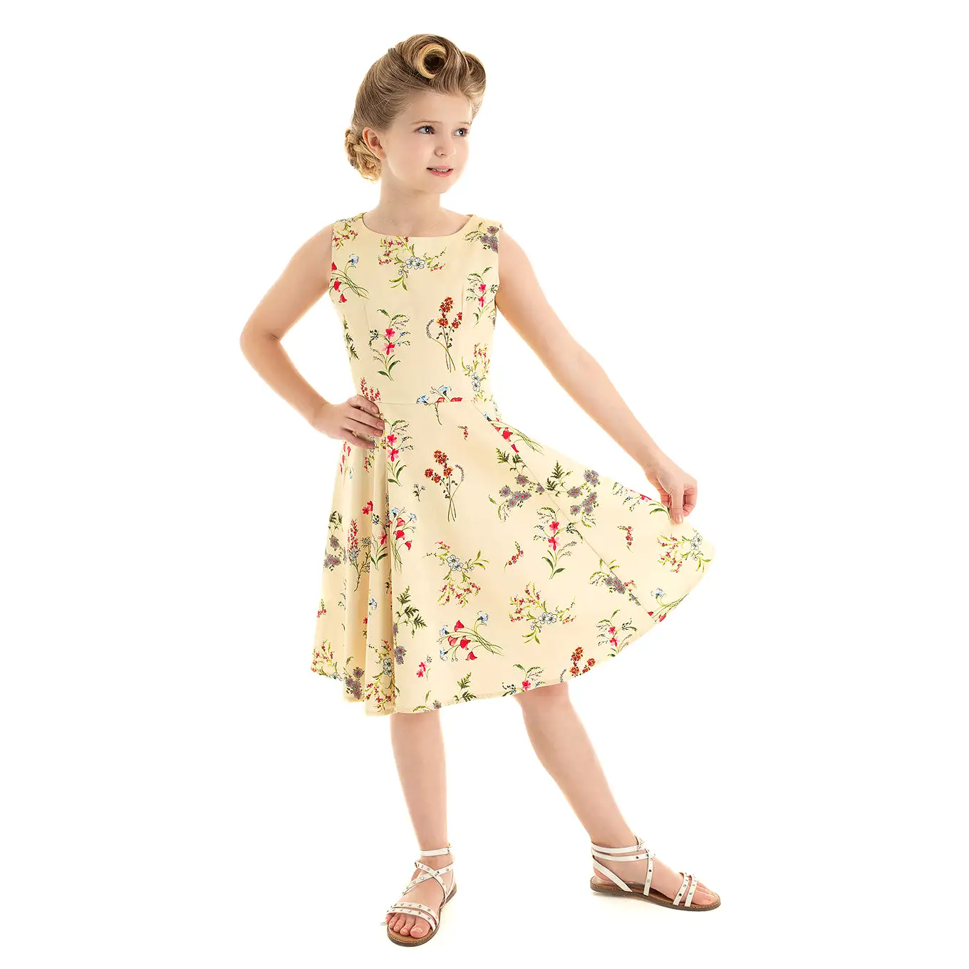 Little Kitty Girl's Pale Yellow Floral Print Party Dress