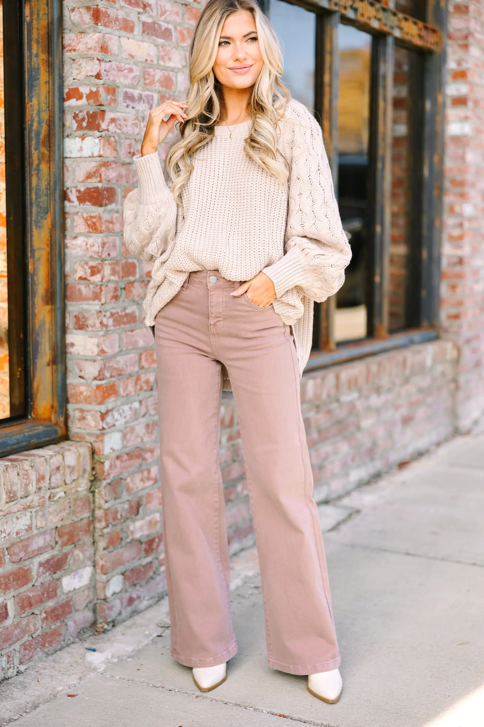 Living Your Dream Oatmeal White Cable Knit Sweater