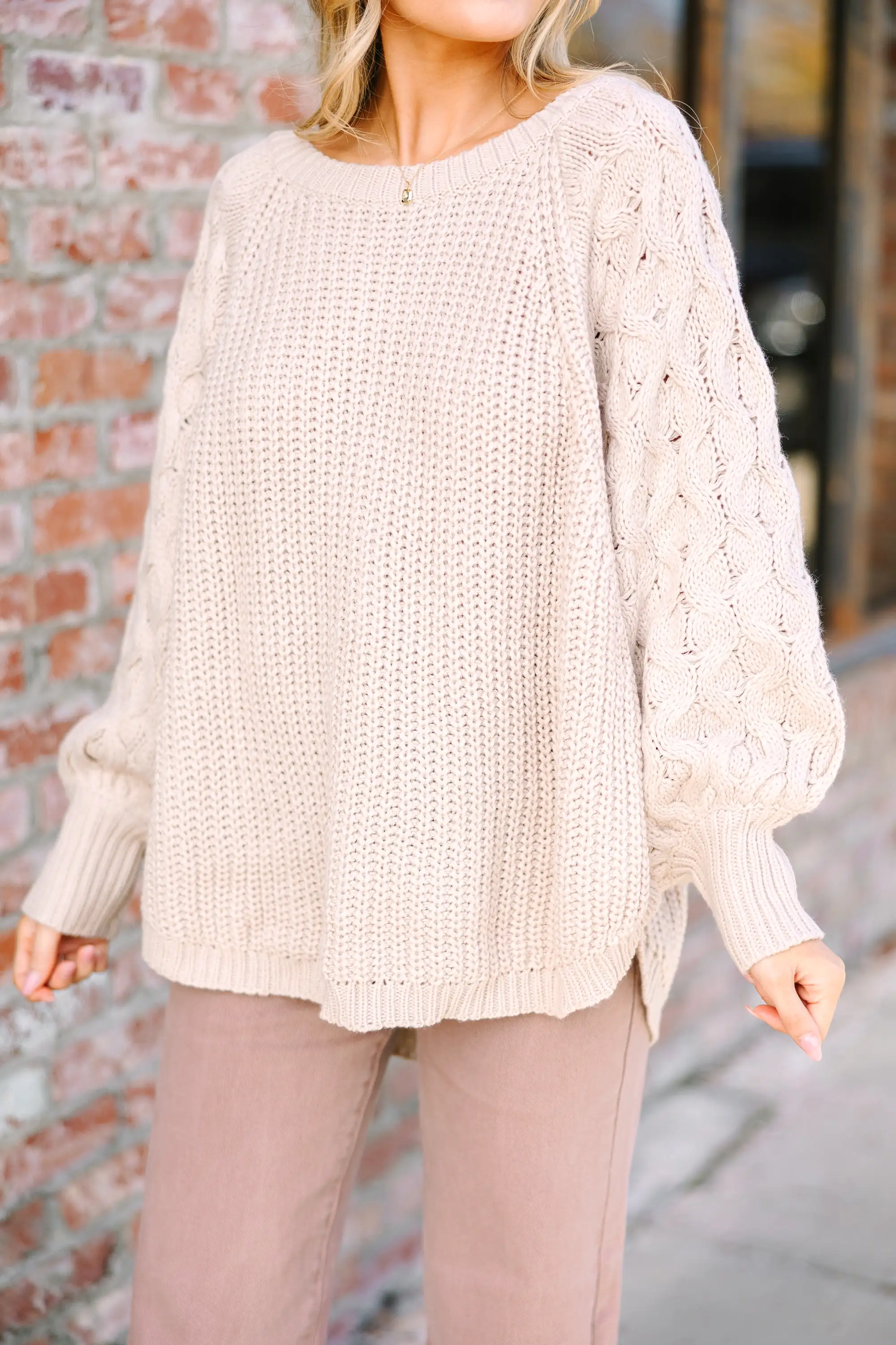 Living Your Dream Oatmeal White Cable Knit Sweater