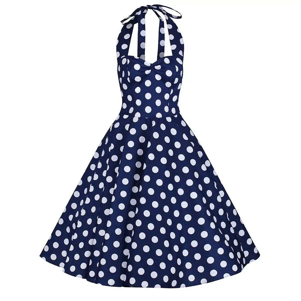 Navy Blue and White Vintage 1950s Polka Dot Swing Dress