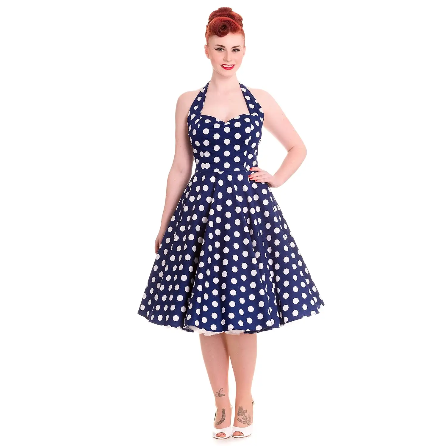 Navy Blue and White Vintage 1950s Polka Dot Swing Dress