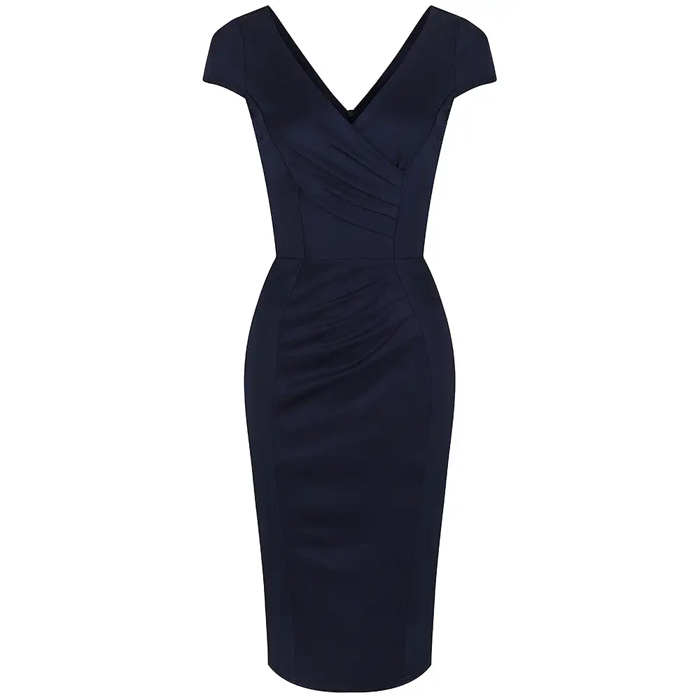 Navy Blue Capped Sleeve Bodycon Wiggle Dress