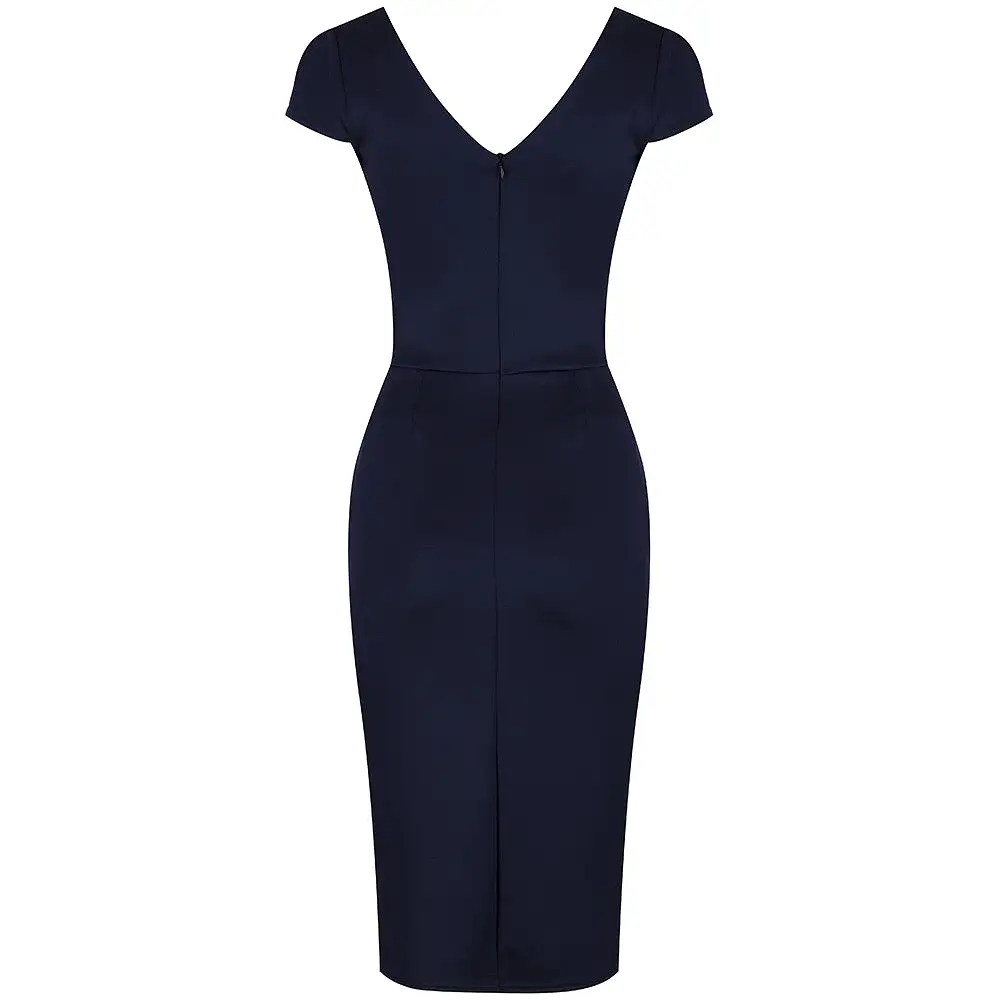 Navy Blue Capped Sleeve Bodycon Wiggle Dress