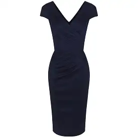 Navy Blue Capped Sleeve Bodycon Wiggle Dress