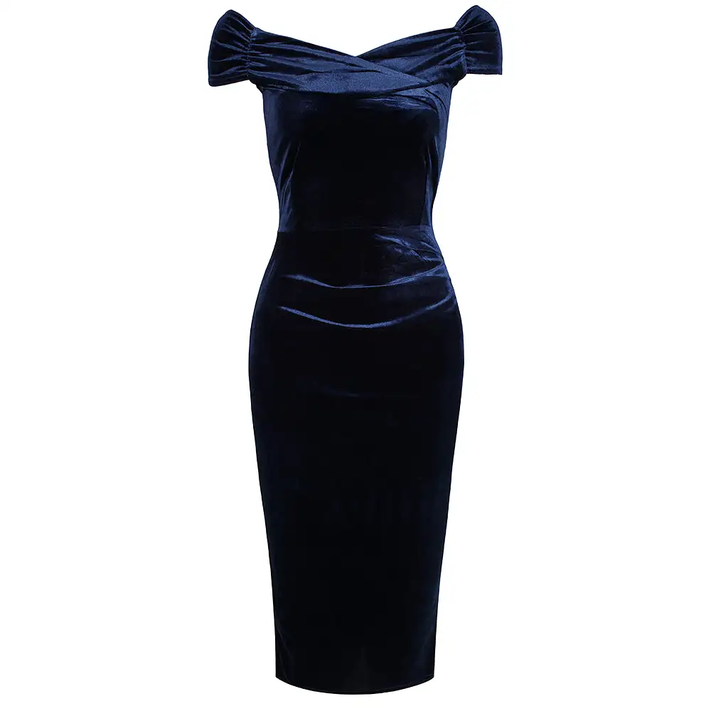 Navy Blue Velour Cap Sleeve Crossover Top Bardot Wiggle Dress