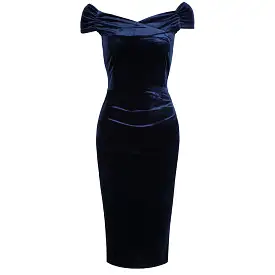 Navy Blue Velour Cap Sleeve Crossover Top Bardot Wiggle Dress