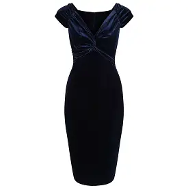 Navy Blue Vintage 40s Style Velour Crossover Bust Wiggle Dress