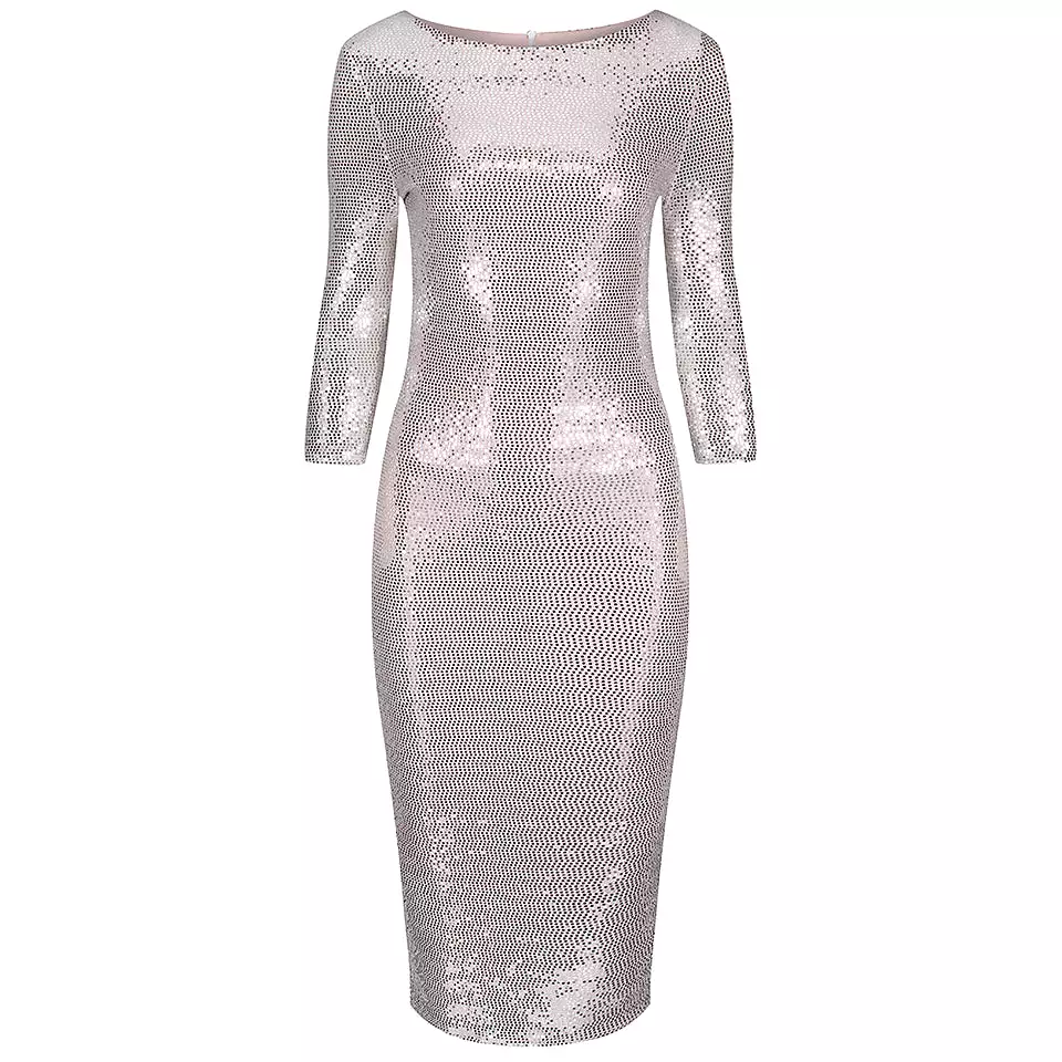 Nude Pink & Silver Sequin 3/4 Sleeve Bodycon Pencil Wiggle Party Dress