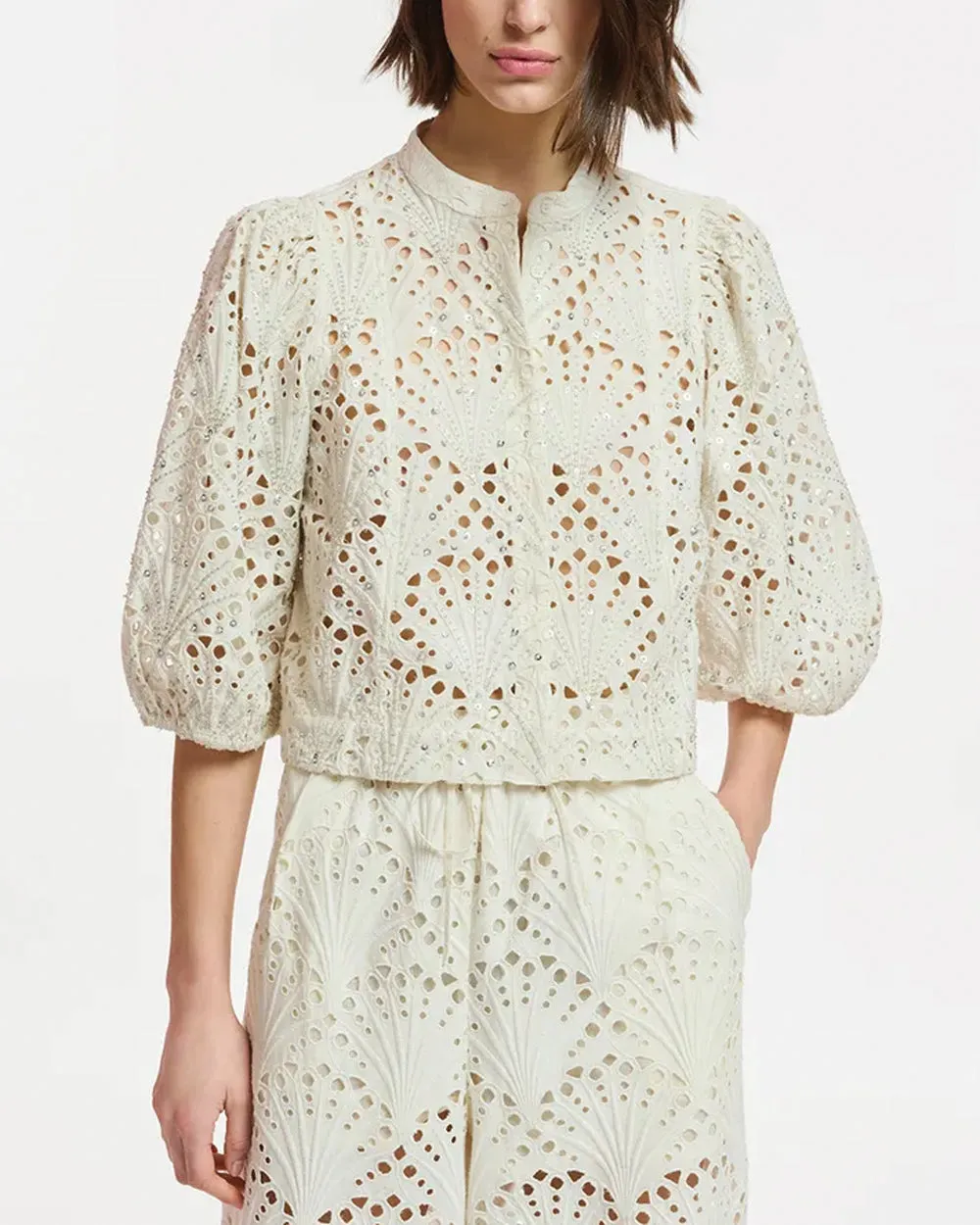 Off White Fuddie Eyelet Puff Sleeve Blouse