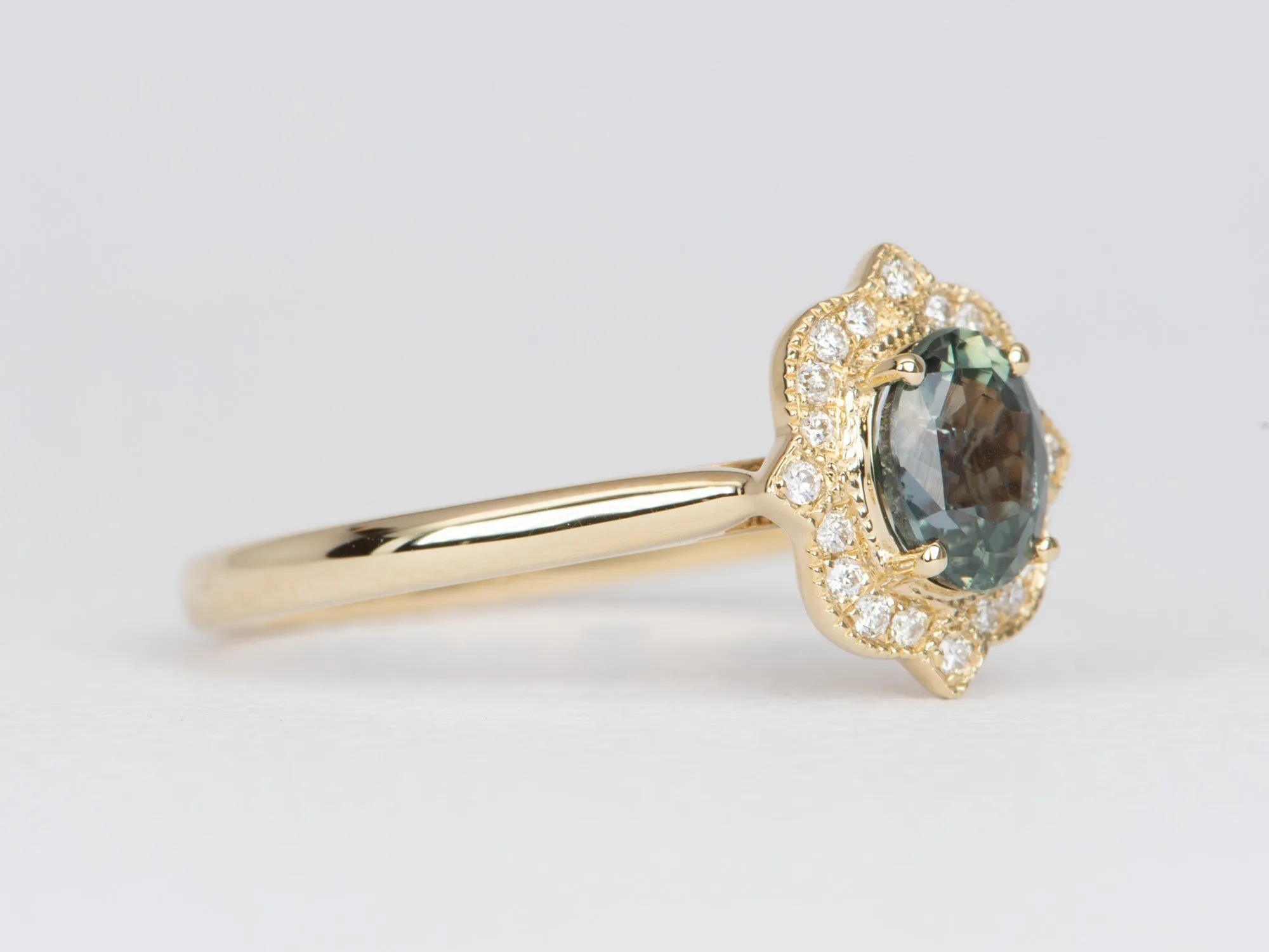 Oval Montana Sapphire with Vintage Inspired Diamond Halo 14K Gold Engagement Ring R6460