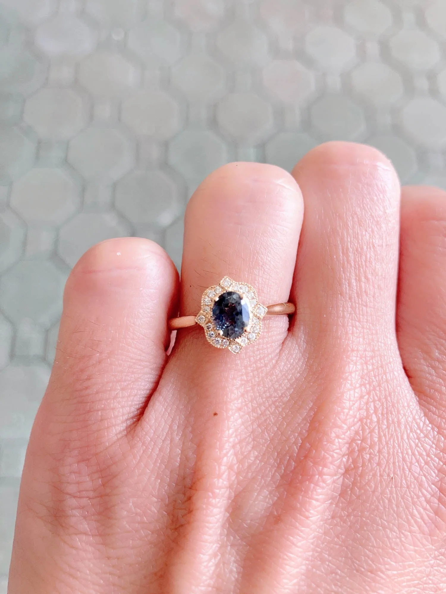 Oval Montana Sapphire with Vintage Inspired Diamond Halo 14K Gold Engagement Ring R6460